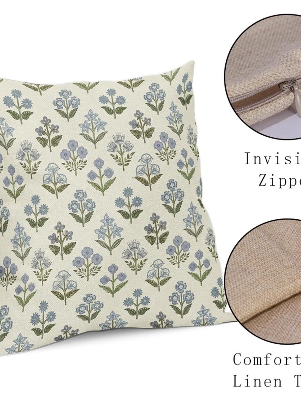 Blue Green Block Print Pillow Covers 18x18 Inch Set of 2, Vintage Floral Spring - Picture 5 of 8